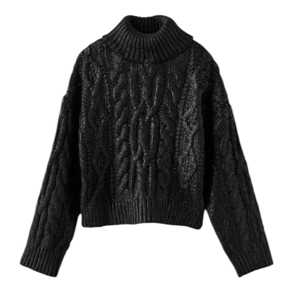 ZARA Girls Size 8–9 Black Cable Knit‎ Cropped Turtleneck Sweater Chunky Knit